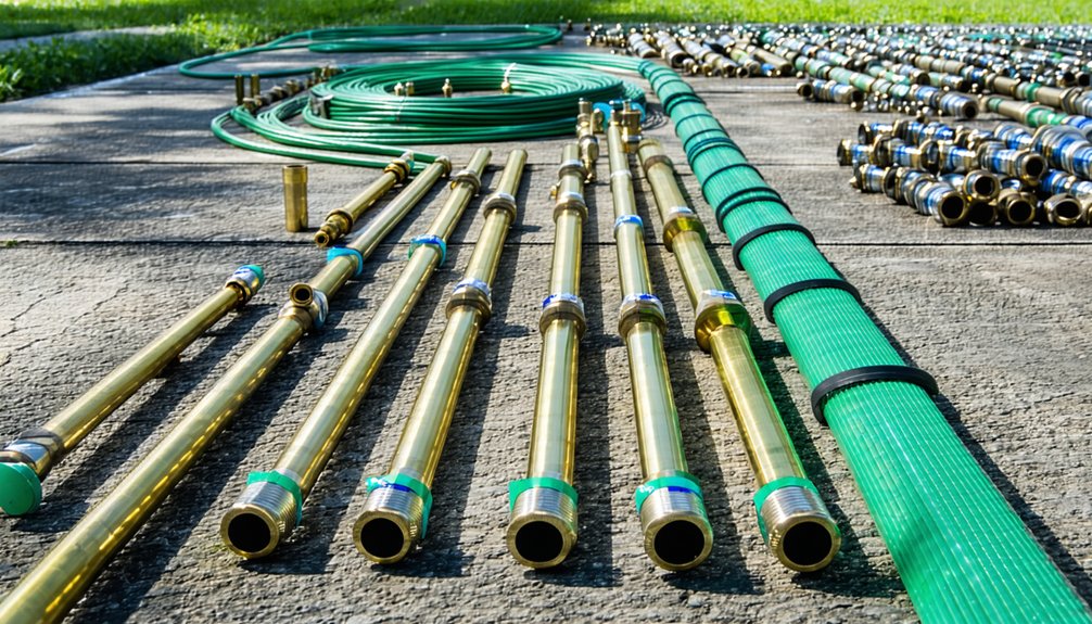 Several brass pipes and green plastic hoses with metal fittings are neatly arranged on a concrete surface outdoors, with grass visible in the background.