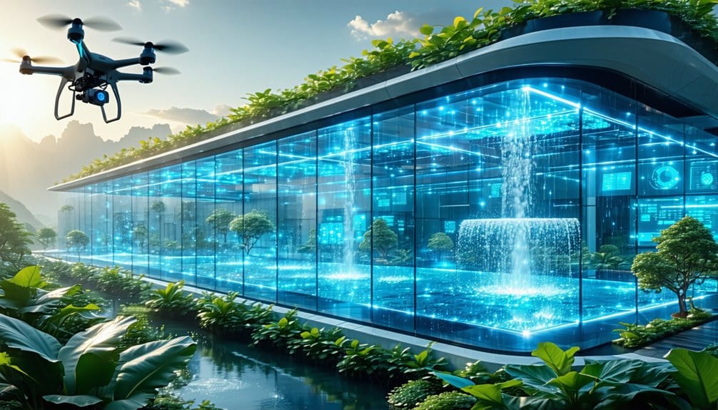 A futuristic glass building with blue glowing lights houses indoor trees and a digital waterfall, surrounded by lush greenery and water, while a drone flies nearby under a bright sky.