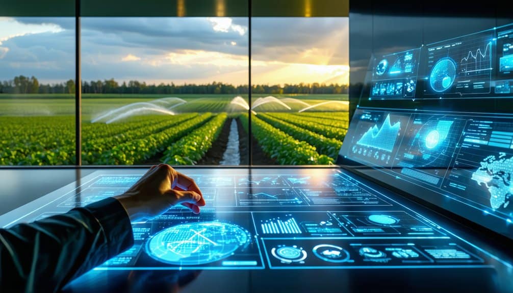 A person operates a high-tech touchscreen control panel with digital graphs, monitoring a large, well-irrigated crop field outside large windows at sunset, blending advanced technology with modern agriculture.