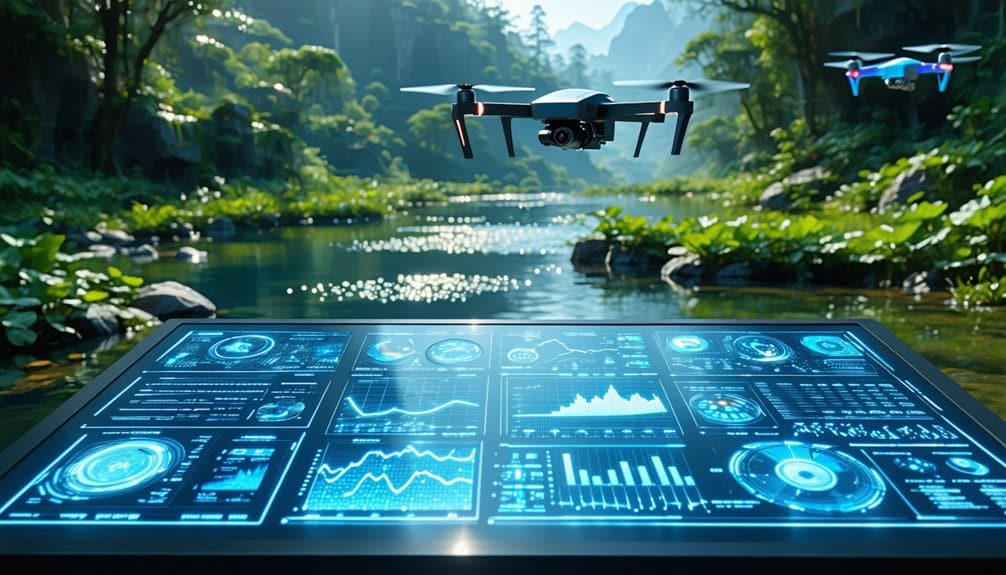 A futuristic digital control panel with graphs and data displays is set by a river in a lush forest, with drones hovering above the water and trees in the background.