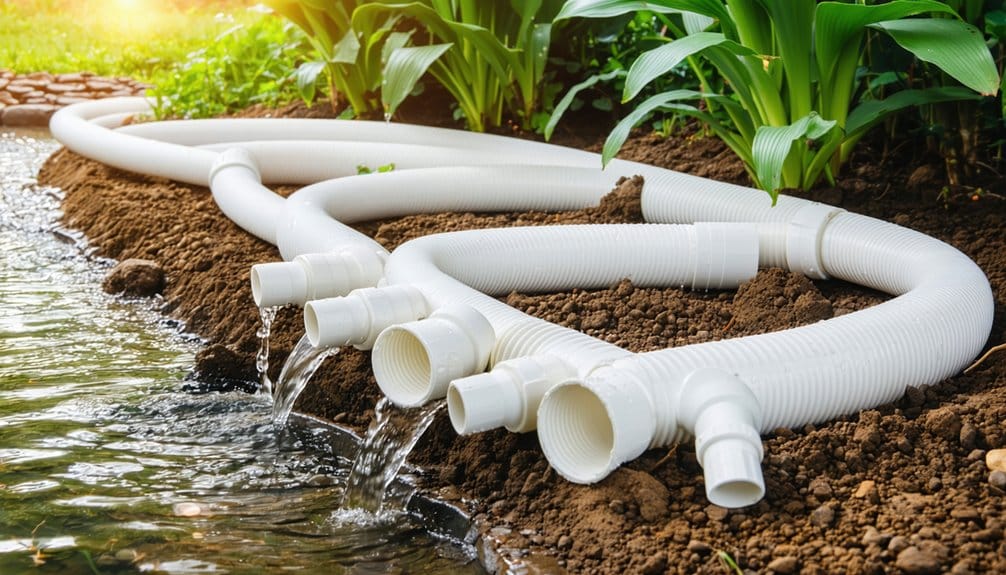 Three white plastic pipes release water into a garden pond, surrounded by green plants and soil, under sunlight. The pipes are coiled on the ground near the water’s edge.