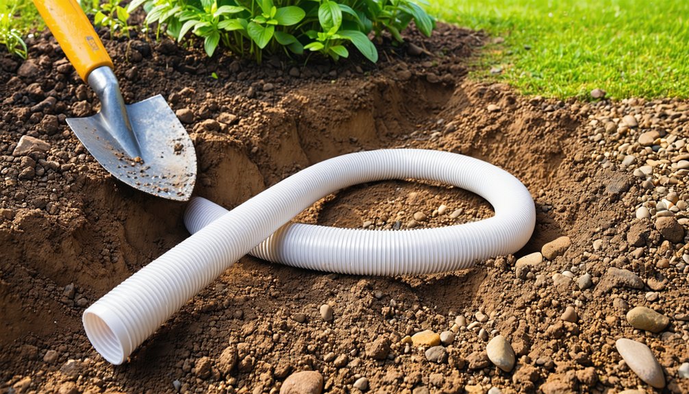 A white flexible drainage pipe is partially buried in soil near a garden bed with green plants. A small shovel with a yellow handle rests on the dirt beside the pipe.