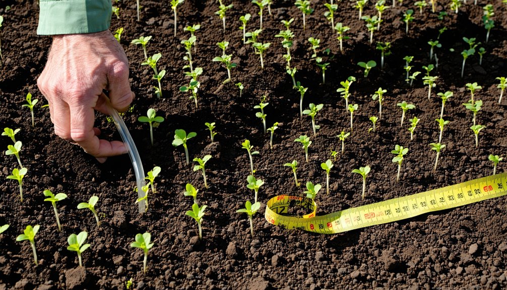 A hand pulls a young seedling from dark soil among many sprouts, with a yellow measuring tape laid out to measure the distance between the plants.