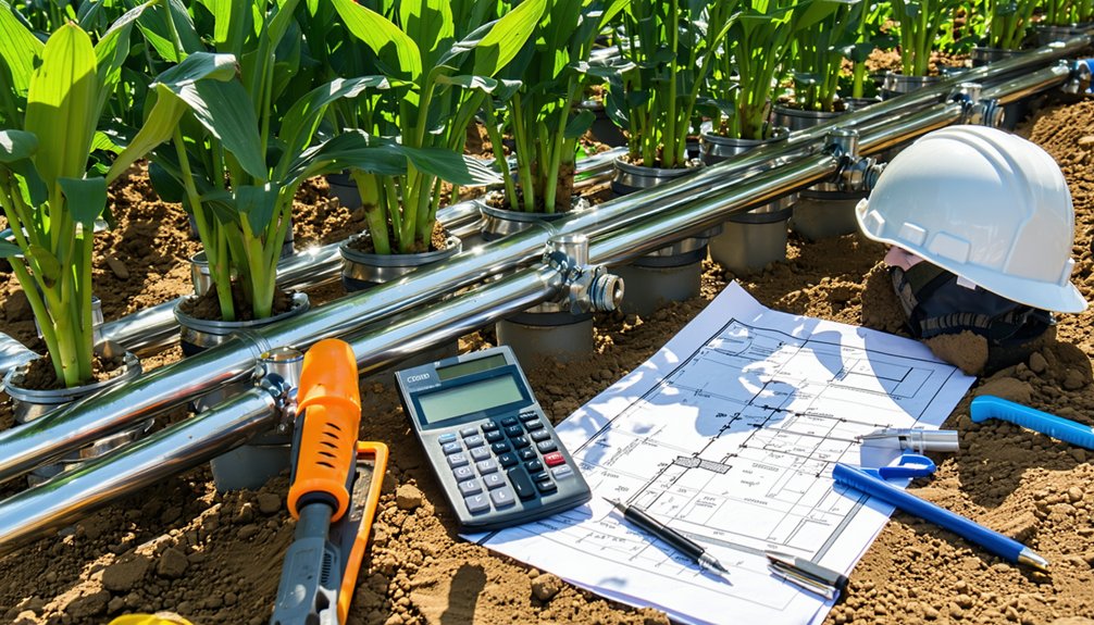 A close-up of young crops growing beside shiny irrigation pipes, with a hard hat, calculator, wrench, screwdriver, blueprints, and pen placed on the soil, representing agricultural planning and technology.