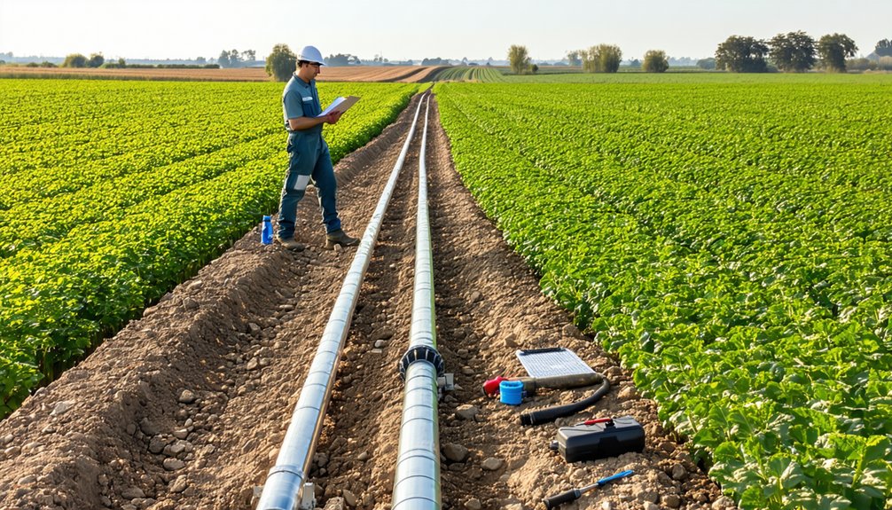 A worker in a helmet inspects and takes notes next to two large irrigation pipes running through a green crop field on a sunny day, with tools and equipment placed nearby on the soil.
