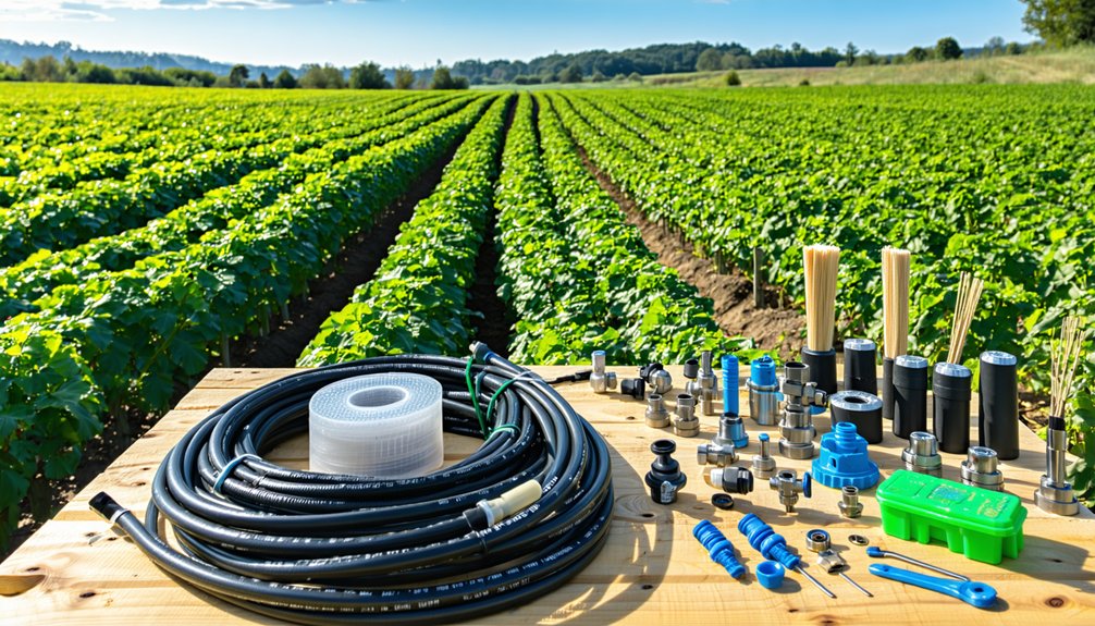 A wooden table displays irrigation pipes, connectors, valves, and tools, with a lush green crop field and trees in the background under a blue sky.