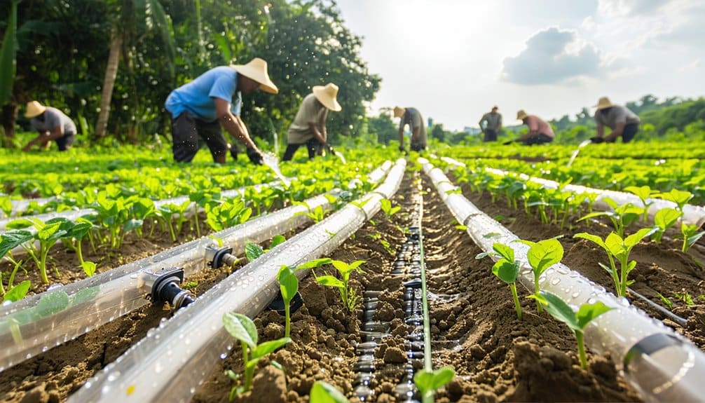 Farmers wearing hats work in a field of young green plants using a drip irrigation system. Sunlight shines over the scene, highlighting rows of crops and plastic irrigation pipes delivering water to the plants.