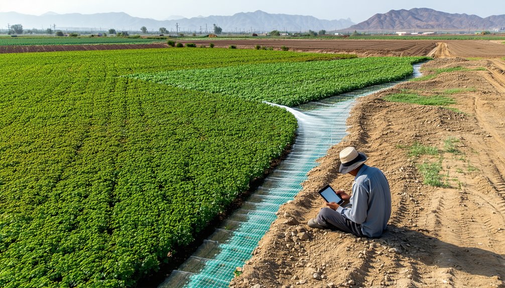 A person wearing a hat sits on the edge of a dirt path beside a green crop field, using a tablet, near an irrigation canal. Mountains and blue sky are visible in the background.