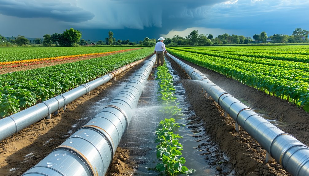 A person in a hat stands between rows of crops in a large farm field, with irrigation pipes watering the plants. Dark storm clouds loom in the background.
