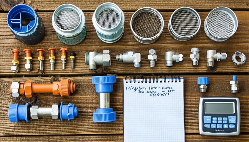 Various irrigation components, including filter parts, pipes, connectors, and fittings, are neatly arranged on a wooden surface. A notepad labeled Irrigation filter costs & expenses and a calculator are also visible.