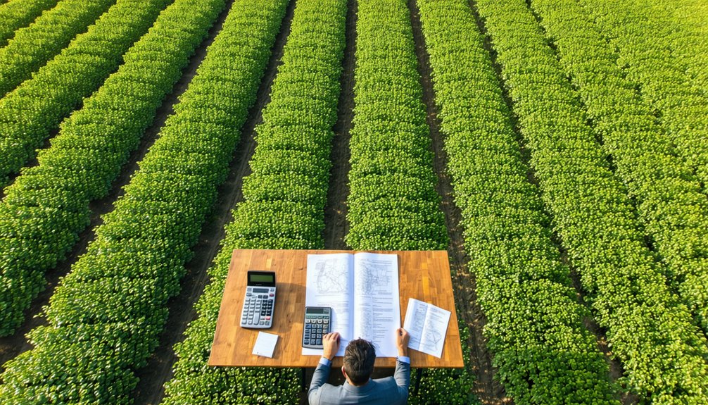 A person sits at a desk placed in the middle of a green crop field, working with papers, a calculator, and a laptop, highlighting the fusion of agriculture and modern business or technology.