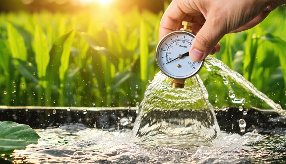 A hand holds a pressure gauge under flowing water in a field, with green crops and sunlight in the background, illustrating irrigation or water measurement in agriculture.