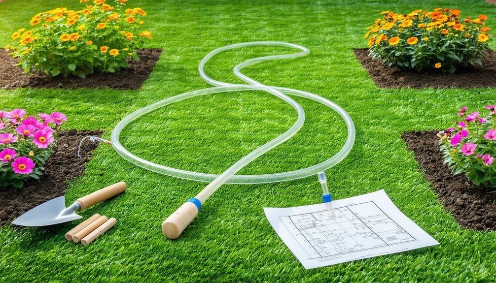 A garden with green grass, flower beds of colorful blooms, a trowel, plant markers, a garden hose shaped in an S, and a blueprint placed on the lawn.