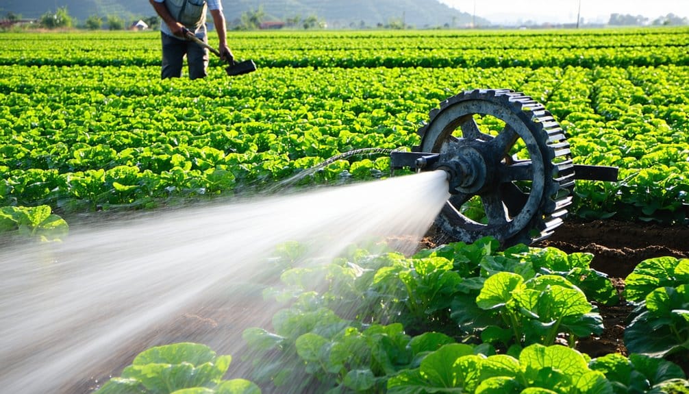 A large sprinkler sprays water over rows of green leafy crops in a field, with a person working among the plants in the background. Bright sunlight highlights the healthy vegetation.