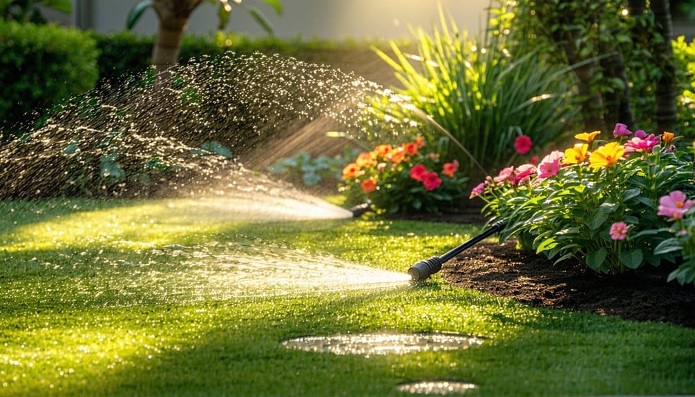 A garden sprinkler waters a lush green lawn beside vibrant blooming flowers in a sunlit garden, creating sparkling water droplets in the air and wet patches on the grass.