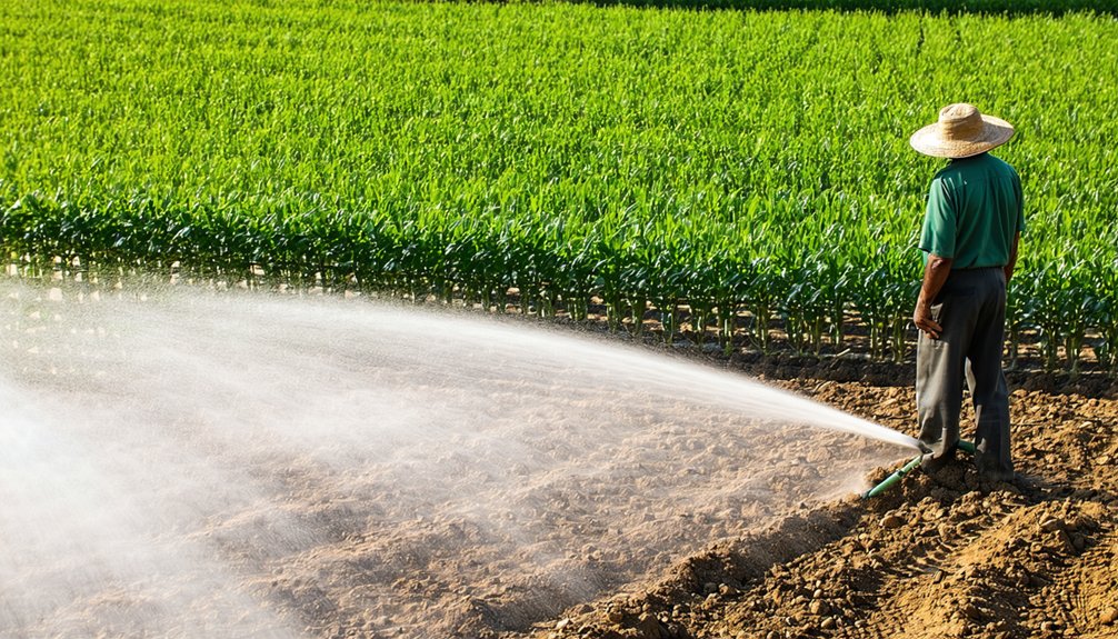 A farmer wearing a straw hat waters a field with a hose, spraying water over rows of soil. Behind him, lush green crops grow in neat lines under bright sunlight.