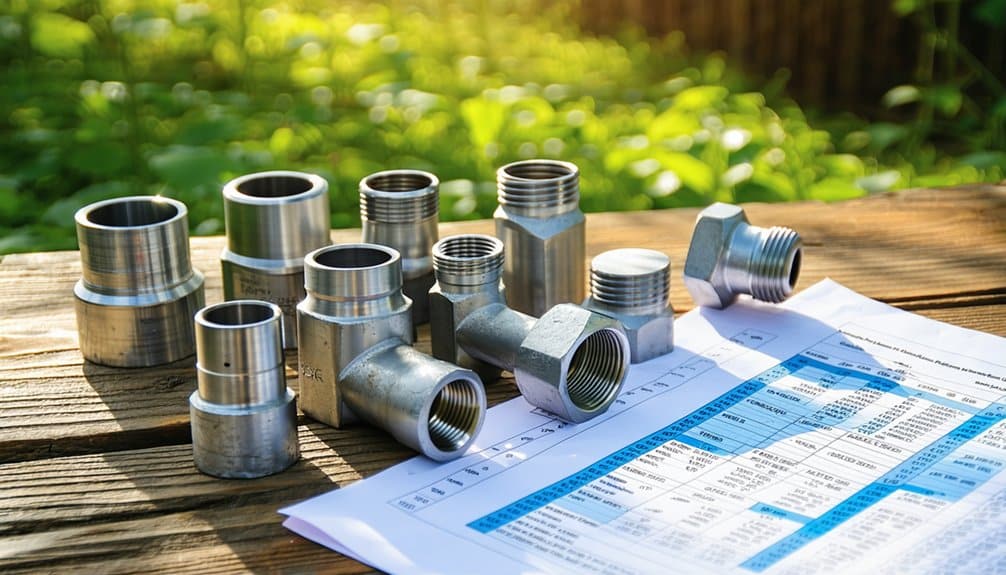 Metal pipe fittings and connectors, essential irrigation components, are arranged on a wooden surface outdoors next to sheets of paper with printed tables and data, with green plants blurred in the background.