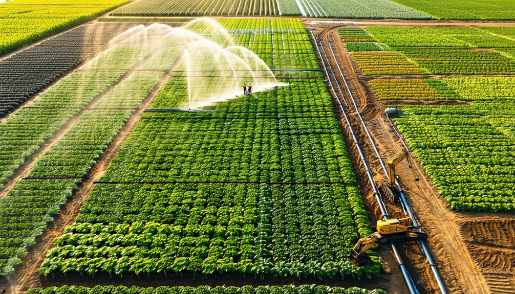 Aerial view of green crop fields being irrigated by sprinklers, with workers standing together and a yellow excavator parked on a dirt road between the fields.