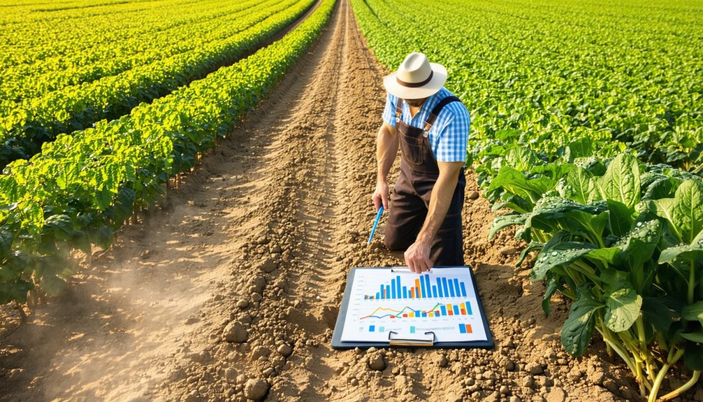 A farmer in overalls and a hat examines a clipboard with colorful charts and graphs while standing in a row between lush green crop fields on a sunny day.
