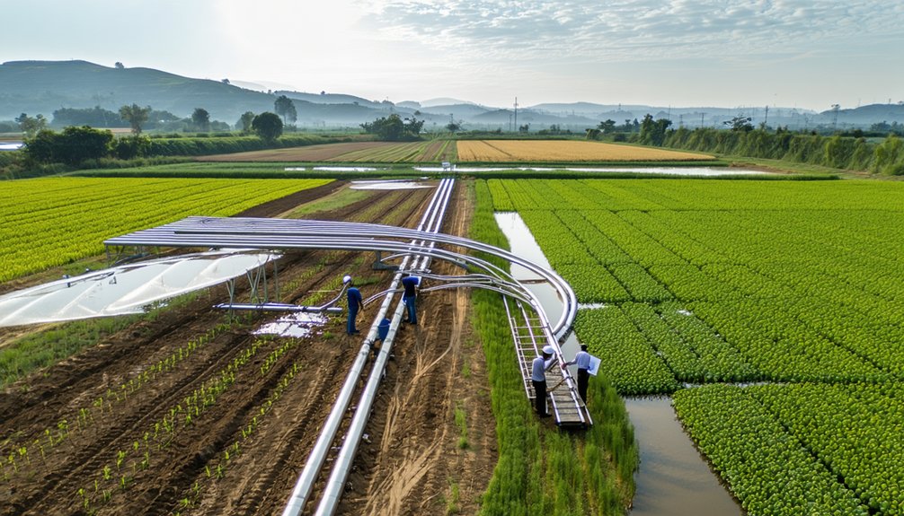 Aerial view of a modern farm with green crops, irrigation pipes, and four workers tending to plants under a large metal irrigation structure in a rural landscape.