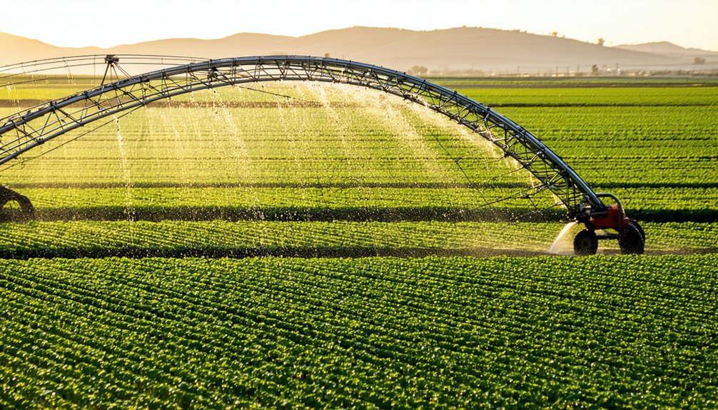 A large irrigation system sprays water over rows of green crops in a field at sunset, with distant hills and a clear sky in the background.
