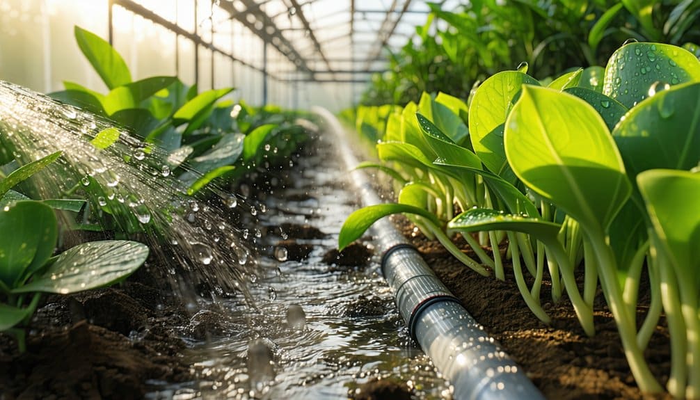 Rows of green plants growing in a greenhouse are being watered by a drip irrigation system, with sunlight streaming through the glass roof and water droplets visible on the leaves and soil.