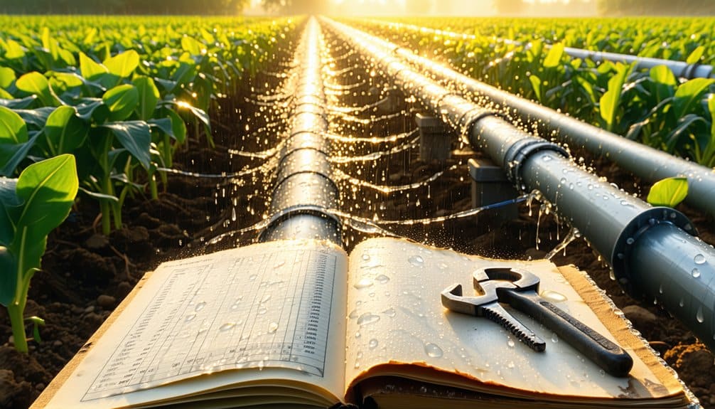An open book and wrench rest on soil, beside irrigation pipes watering rows of young crops in a sunlit field, symbolizing agricultural technology and planning.