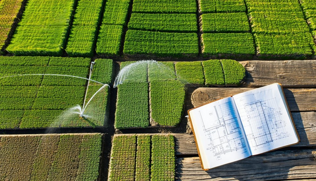 Aerial view of neatly divided green crop fields with sprinklers watering them, next to a wooden platform where an open notebook displays architectural or engineering blueprints.