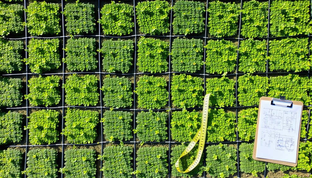 Aerial view of small green plants in grid-like rows; a yellow measuring tape and clipboard with paper showing diagrams are on the ground among the plants.
