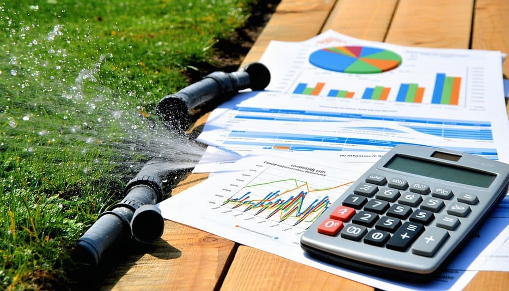 A broken garden hose sprays water onto grass next to wooden planks, with financial charts and a calculator lying nearby.