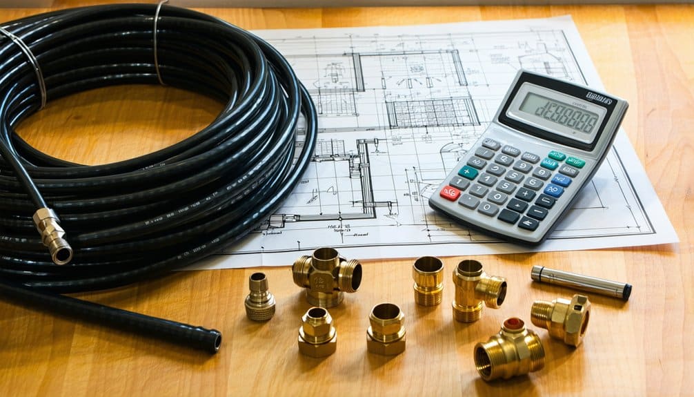A coiled black cable, brass pipe fittings, a calculator, and blueprints are arranged on a wooden table, suggesting planning or estimation for a plumbing or construction project.