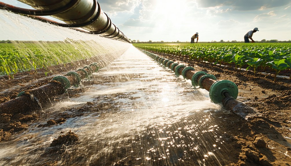 Close-up of a drip irrigation system watering rows of young crops in a sunlit field, with two workers tending the plants in the background.
