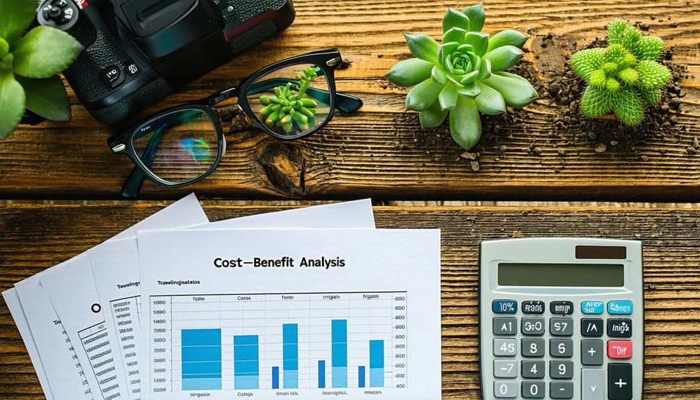 A cost-benefit analysis chart, calculator, eyeglasses, camera, and small potted succulents sit on a wooden desk, suggesting a workspace focused on financial planning and analysis.