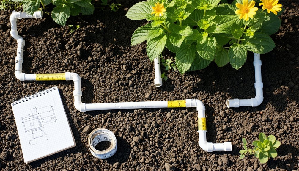 A garden irrigation system with white PVC pipes is laid on soil among green plants with yellow flowers. Nearby are a notepad with a sketch and a roll of tape.
