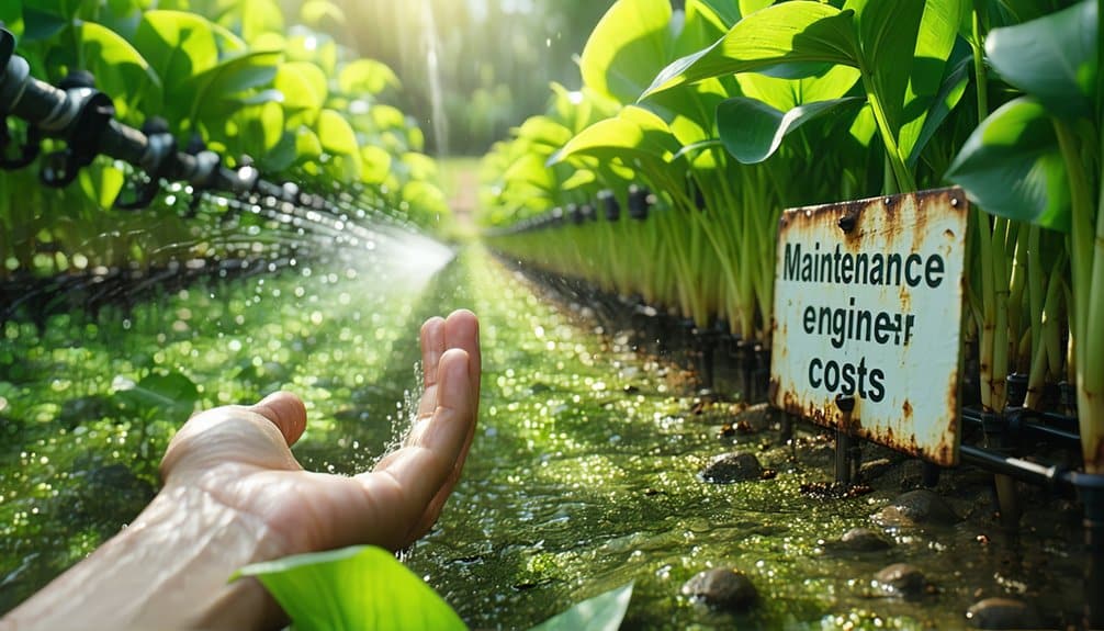 A hand reaches out under a row of sprinklers watering young green plants in a garden. A weathered sign among the plants reads Maintenance engineer costs. Sunlight filters through the leaves.