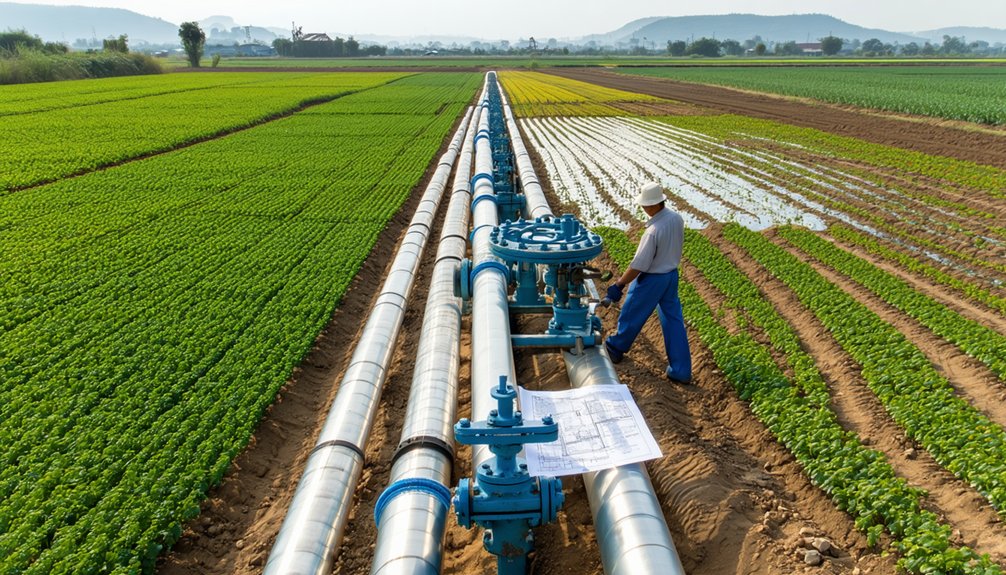 A person in blue workwear inspects large silver irrigation pipes running through green farmland, with crops on both sides and a technical blueprint laid out beside the pipes.