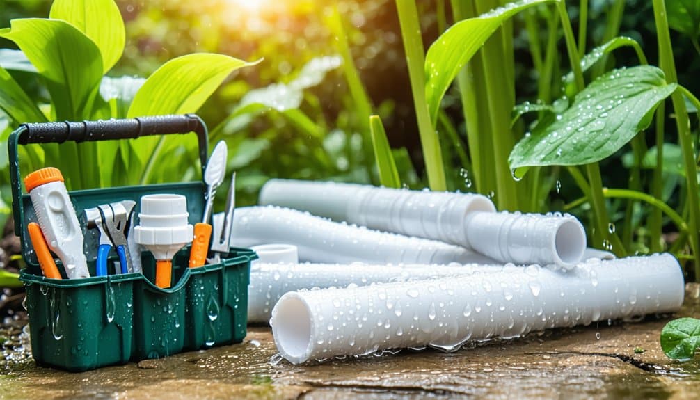 A green toolbox with plumbing tools sits on a wet stone beside several white PVC pipes, all covered with water droplets, surrounded by lush green plants in a garden setting. Sunlight filters through the leaves.