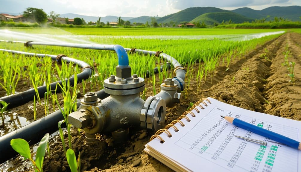 A close-up of irrigation pipes and a valve in a green crop field, with a notebook and pen on the soil. Sprinklers water the crops in the background, with hills and buildings under a cloudy sky.