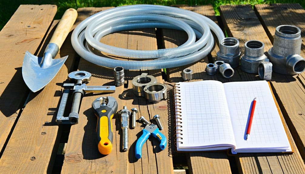 Gardening and plumbing tools, metal pipe fittings, a coiled hose, and an open notebook with a red pen are arranged on a wooden surface outdoors in sunlight.