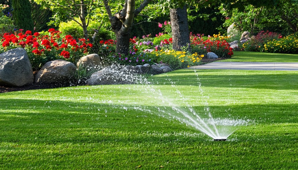 A sprinkler waters a lush green lawn bordered by colorful flower beds, large rocks, and trees on a sunny day.