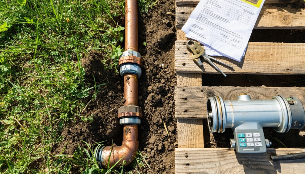 A copper water pipe with fittings is installed in soil beside a wooden pallet holding a wrench, paperwork, and a water meter. Grass and sunlight are visible around the work area.