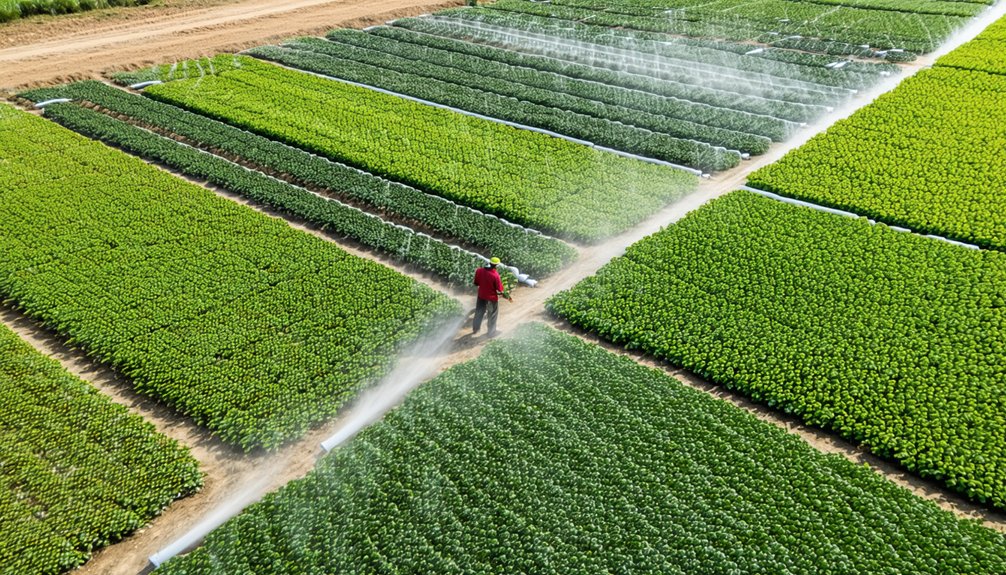 A person in a red shirt stands among green crop rows in a field, as overhead sprinklers spray water across the neatly divided plots of plants.