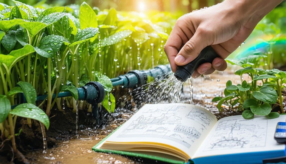A hand waters green plants with a hose while accidentally spraying an open book with colorful drawings, lying on the soil next to the plants in a garden. Sunlight shines in the background.