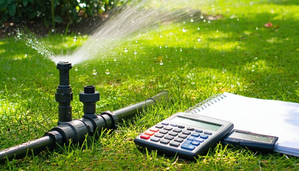 A sprinkler sprays water onto green grass. Nearby, a calculator, a notepad, and a pen are placed on the lawn, suggesting irrigation planning or water usage calculations.
