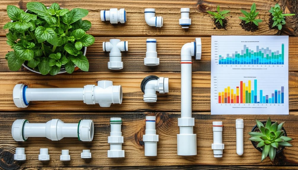 Assorted white plastic plumbing pipe fittings are arranged neatly on a wooden surface alongside green potted plants and a sheet of colorful bar graphs.