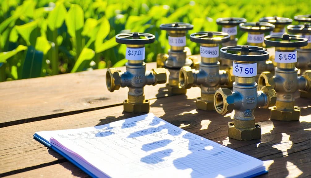 Several brass irrigation components with price tags are displayed on a wooden surface, with a ledger or record book open in the foreground and green plants visible in the background.