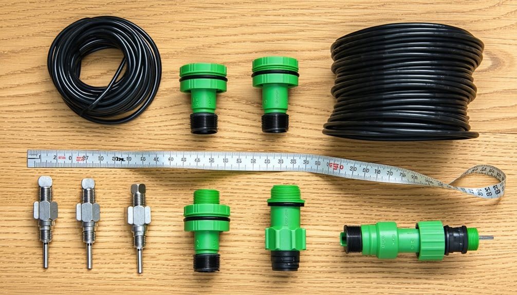 Various gardening irrigation system parts, including black tubing, green plastic connectors, metal spray nozzles, and a measuring tape, are neatly arranged on a light wooden surface.