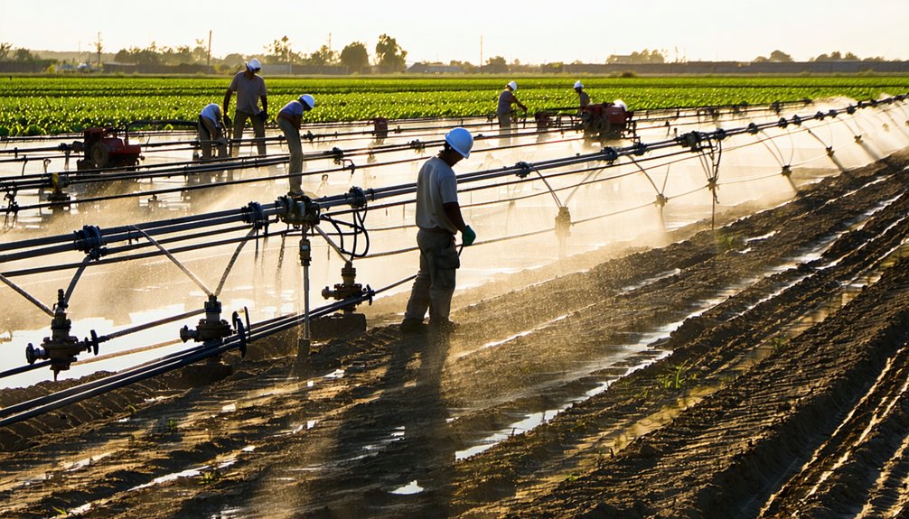 Workers in hard hats tending to crops on a large farm, surrounded by irrigation equipment spraying water across neatly planted rows, with fields stretching into the distance under a bright sky.