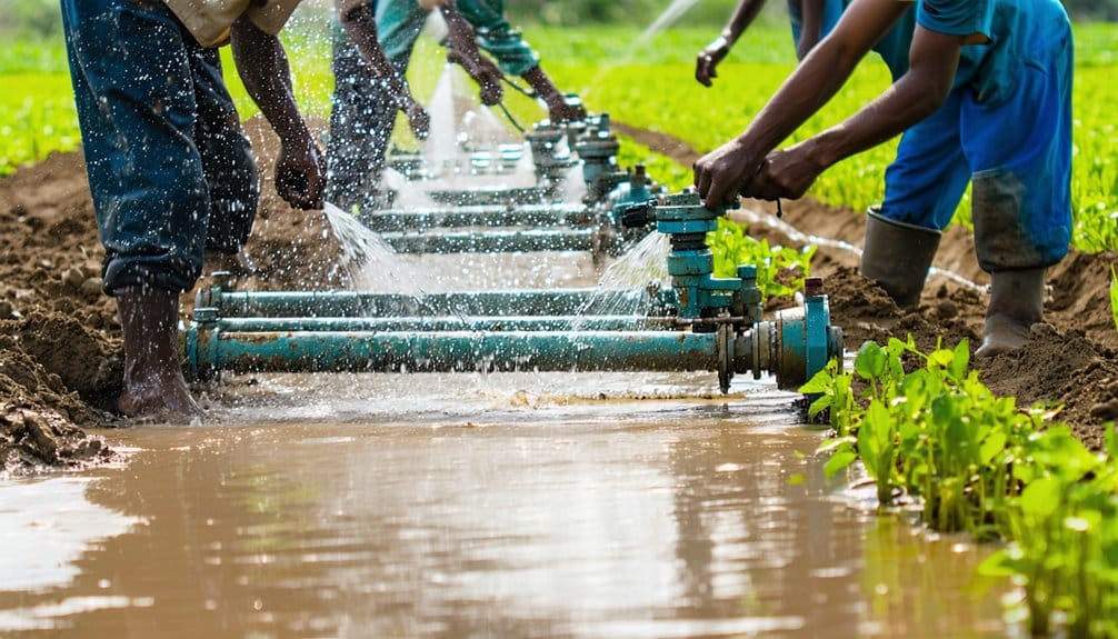 Farm workers adjust irrigation pipes as water flows onto crop rows in a green field. The image shows hands working with blue pipes, water spraying, and young plants growing nearby.