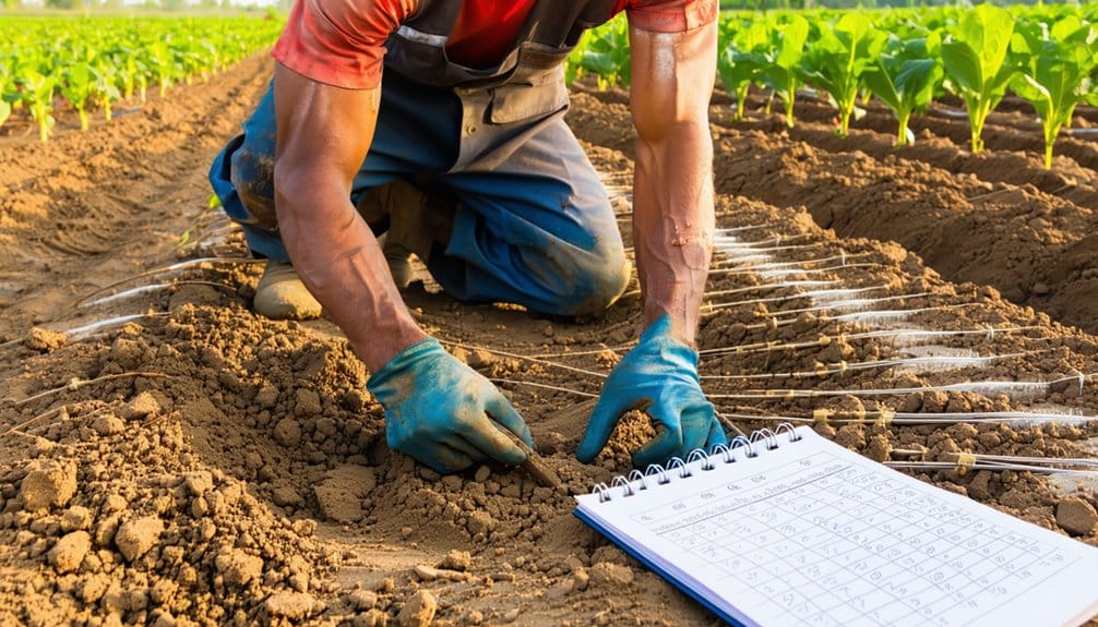 A person wearing gloves kneels in a field, planting seeds in rows of soil. A clipboard with a chart and pen lies on the ground nearby, and young green plants grow in the background.